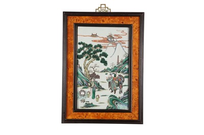 Lot 440 - A CHINESE FAMILLE VERTE 'LANDSCAPE' PLAQUE.