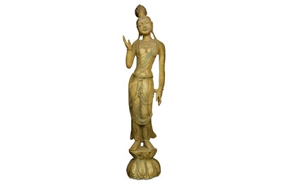 Lot 624 - A LARGE CHINESE STONE FIGURE OF A STANDING BODHISATTVA.