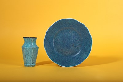 Lot 8 - A CHINESE ROBIN'S EGG-GLAZED CONJOINED TOOL VASE AND A LOBED DISH.