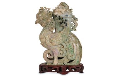 Lot 626 - A CHINESE JADEITE ARCHAISTIC 'PHOENIX' VASE AND COVER, ZUN.