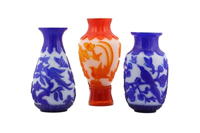Lot 619 - THREE CHINESE BEIJING GLASS VASES.