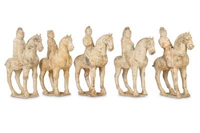 Lot 477 - FIVE CHINESE POTTERY HORSES AND RIDERS.