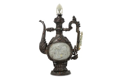 Lot 456 - A SINO-TIBETAN WHITE METAL WHITE JADE-INLAID EWER AND COVER.