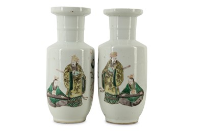 Lot 328 - A PAIR OF CHINESE FAMILLE VERTE FIGURATIVE ROULEAU VASES.