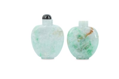 Lot 485 - TWO CHINESE APPLE-GREEN JADEITE SNUFF BOTTLES.