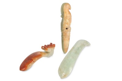Lot 487 - THREE CHINESE PALE CELADON JADE CARVINGS.