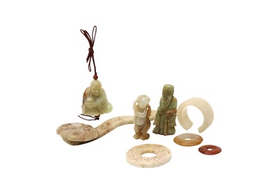 Lot 868 - THREE CHINESE CELADON JADE FIGURES.