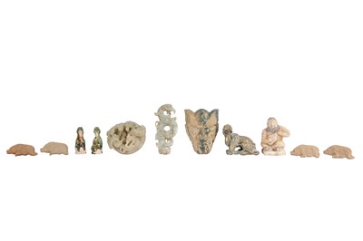 Lot 490 - A SMALL COLLECTION OF POTTERY FIGURES AND FIVE JADE CARVINGS.