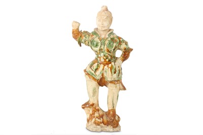 Lot 474 - A CHINESE SANCAI-GLAZED POTTERY FIGURE OF LOKAPALA.
