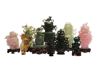 Lot 405 - TEN CHINESE HARDSTONE CARVED VASES AND COVERS.