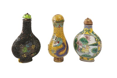 Lot 741 - THREE CHINESE ENAMELLED METAL SNUFF BOTTLES.