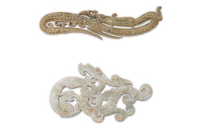 Lot 695 - TWO CHINESE ARCHAISTIC JADE 'DRAGON' PLAQUES.