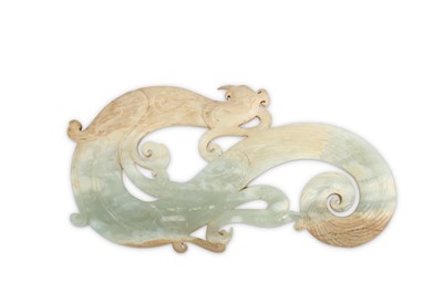 Lot 692 - A CHINESE ARCHAISTIC PALE CELADON JADE 'PHOENIX' PLAQUE.