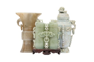 Lot 742 - THREE CHINESE JADE AND JADEITE ARCHAISTIC VESSELS.