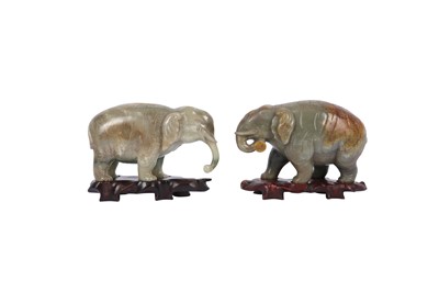 Lot 754 - TWO CHINESE PALE CELADON JADE 'ELEPHANT' CARVINGS.