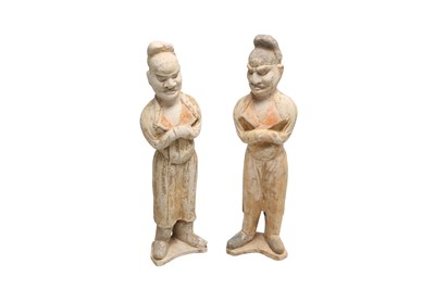 Lot 405 - A PAIR OF LARGE CHINESE POTTERY GUARDIAN FIGURES.