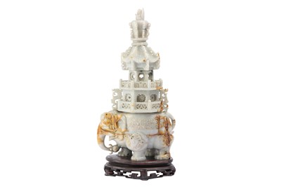 Lot 530 - A CHINESE JADEITE CARVING OF AN ELEPHANT AND PAGODA.
