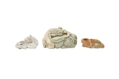 Lot 518 - THREE CHINESE PALE CELADON JADE ANIMAL CARVINGS.