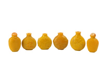 Lot 418 - SIX CHINESE YELLOW PEKING GLASS SNUFF BOTTLES.