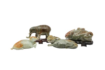 Lot 783 - FOUR CHINESE CELADON JADE ANIMAL CARVINGS.