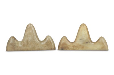 Lot 508 - A PAIR OF CHINESE PALE CELADON JADE 'MOUNTAIN' BRUSH RESTS.