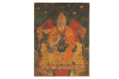 Lot 391 - A TIBETAN THANGKA OF GELUPA LAMA.