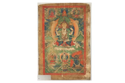 Lot 393 - A TIBETAN THANGKA OF AVALOKITESVARA.