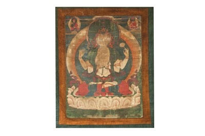 Lot 392 - A TIBETAN THANGKA OF AVALOKITESHVARA.