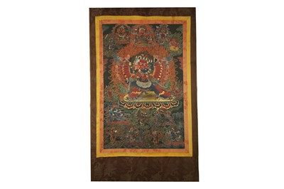 Lot 407 - A TIBETAN THANGKA OF MAHOTTARA HERUKA WITH CONSORT.