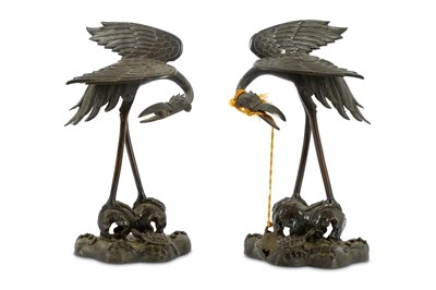 Lot 90 - A pair of Meiji period Japanese bronze cranes,...