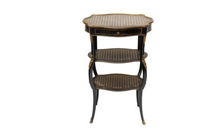Lot 122 - A Victorian ebonised three tier etagere, brass...