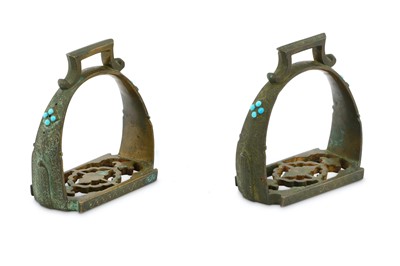 Lot 69 - A PAIR OF TURQUOISE-ENCRUSTED BRONZE STIRRUPS