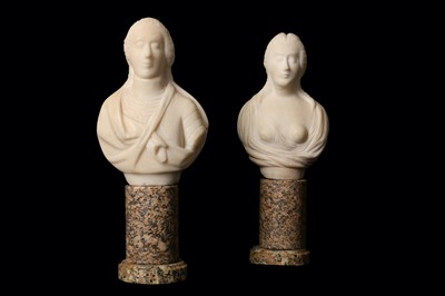 Lot 29 - A PAIR OF SMALL WHITE MARBLE BUSTS OF A LADY...