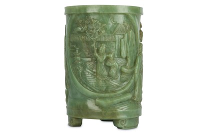 Lot 509 - A CHINESE CELADON JADE BRUSH POT, BITONG