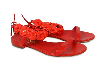 Lot 251 - Chanel Red Leather Camellia Ankle Strap Sandals - size 36.5