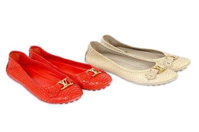 Lot 250 - Two Pairs of Louis Vuitton Python Ballet Flats Nude and Red - size 37.5