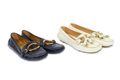 Lot 323 - Two Pairs of Prada Loafers in Navy and Ivory - size 36.5 and 37