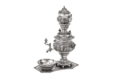 Lot 298 - A mid-20th century Iranian (Persian) unmarked silver samovar set on stand, Isfahan circa 1960
