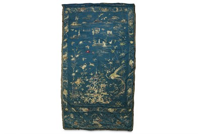 Lot 381 - A LARGE CHINESE BLUE-GROUND ‘FANTASTIC LANDSCAPE’ SILK EMBROIDERY PANEL.