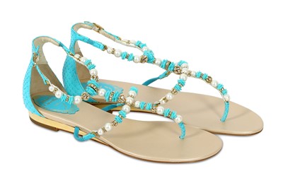 Lot 306 - Rene Caovilla Turquoise Pearl Val Flat Sandal - size 38
