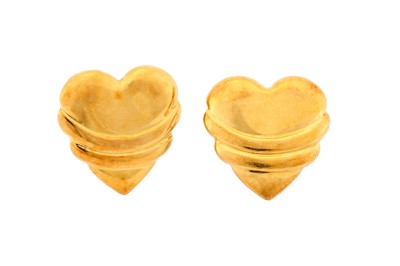 Lot 7 - A pair of heart shaped earrings, with a reeded...