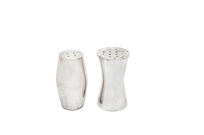 Lot 284 - A pair of late 20th century Danish sterling silver condiments, Copenhagen designed by Hans Hansen (1884-1940) for Georg Jensen, import marks for London 1992