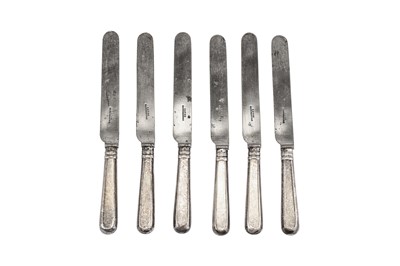 Lot 833 - A set of six Alexander III Russian 84 Zolotnik (875 standard) silver handled table knives, Moscow circa 1890 by HП for Nikolai Pavlovich Pavlov