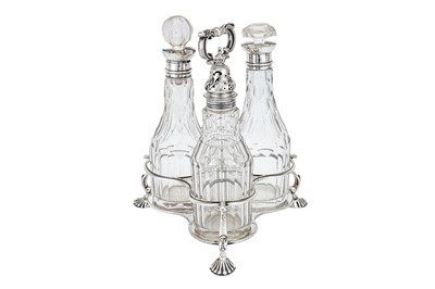 Lot 449 - An early Victorian sterling silver three bottle cruet, London 1839 by Richard Sibley II (reg. 15th mark 1837)
