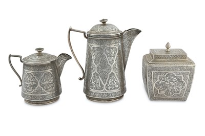 Lot 170 - A SET OF SILVER TEA CADDY, LIDDED CREAMER AND COFFEE POT