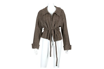 Lot 275 - Chanel Beige and Brown Wool Pleated Belted Cardigan Jacket - size 38