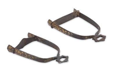 Lot 249 - A PAIR OF KOFTGARI STEEL STIRRUPS