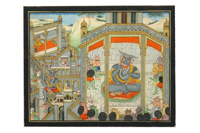 Lot 298 - AN ILLUSTRATION TO THE LANKA KANDA OF THE RAMAYANA: THE AWAKENING OF THE GIANT KUMBHAKARNA