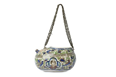 Lot 168 - A QAJAR POLYCHROME-PAINTED POTTERY KASHKUL
