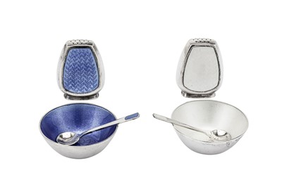 Lot 285 - A mid-20th century Danish sterling silver and guilloche enamel cruet set, Copenhagen circa 1960 by Anton Michelson